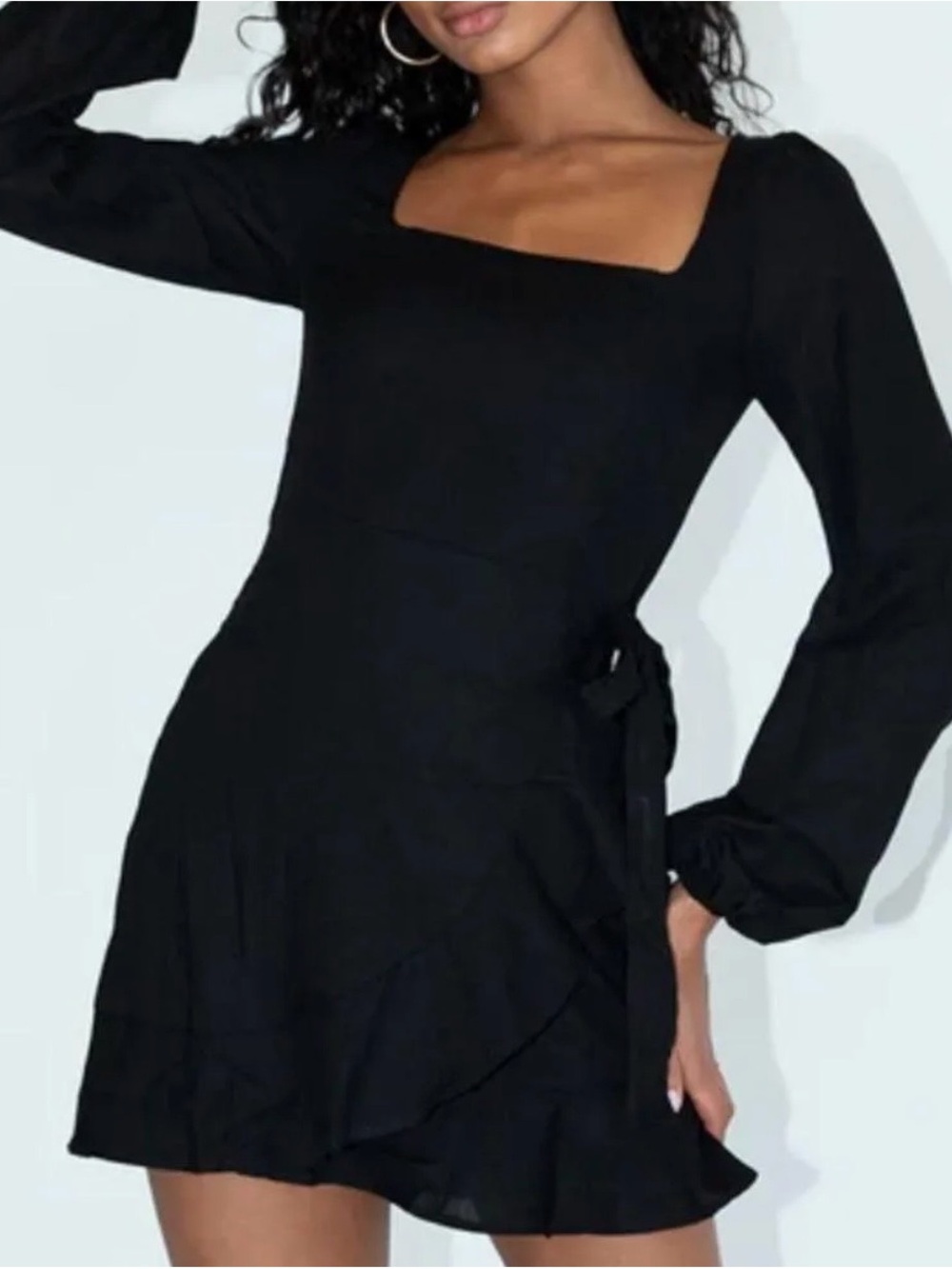 Princess Polly Black Square-Neck Long-Sleeve Wrap Mini Dress